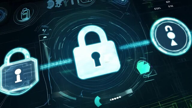  a looping animation of a high-tech digital security system in action. The scene should feature holographic interfaces