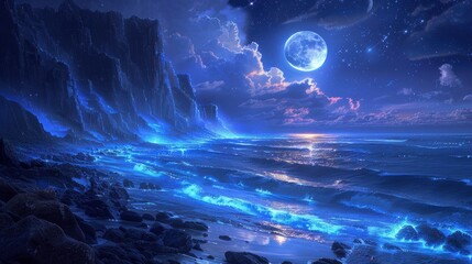 Glowing Blue Waves Under a Full Moon