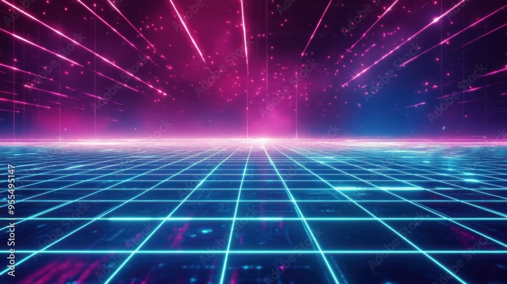 Canvas Prints neon grid with glowing lines and stars