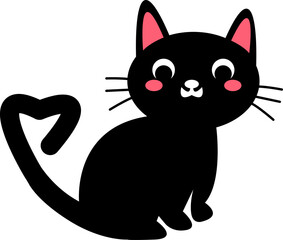 Mysterious Black Cat with Heart Shape Tail. Halloween Sticker. Cute Cartoon Kitty Illustration for Spooky Decor. Valentines Day Design. Mystic Feline.