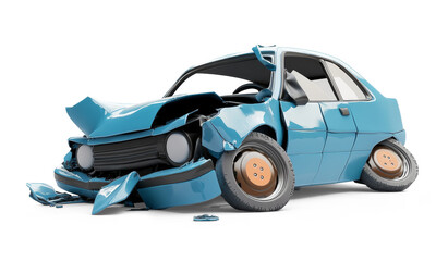 Obraz premium A blue car is wrecked with the hood up on a white background