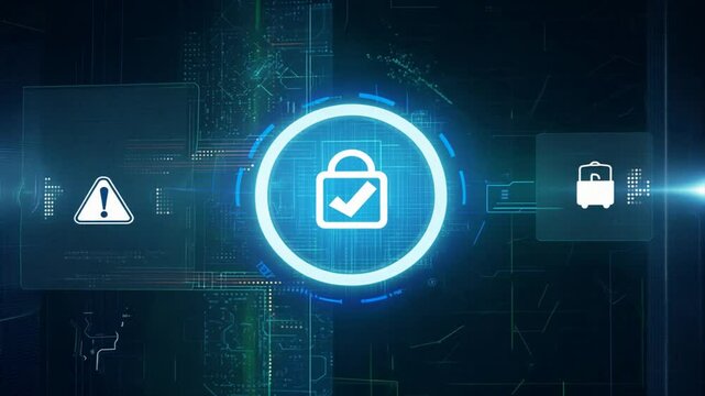 a looping animation of a high-tech digital security system in action. The scene should feature holographic interfaces, glowing