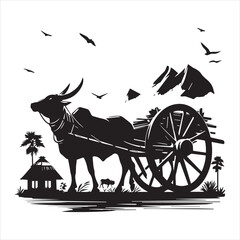 Fototapeta premium bullock cart wheel silhouette vector With White Background 
