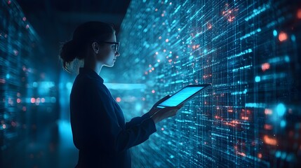 Data Scientist Examining Digital Tablet in Data Center Network Server Room