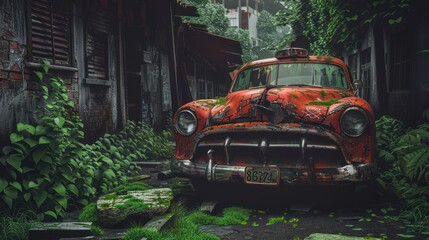 Vintage automobile rests among city ruins, background of devastation underscores car's abandonment and rust.