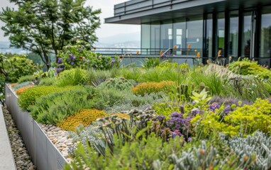 Obraz premium Lush green roof featuring dense prehistoric plants transforms urban space into a vibrant oasis