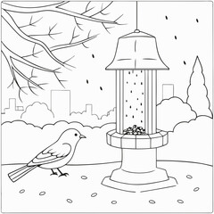 Winter Park Bird Feeder Close-Up with Pecking Bird – Vector Art