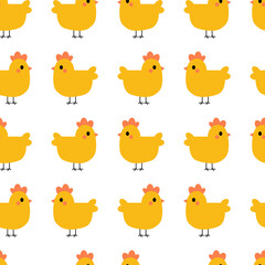 Cute seamless pattern with yellow chickens on white background