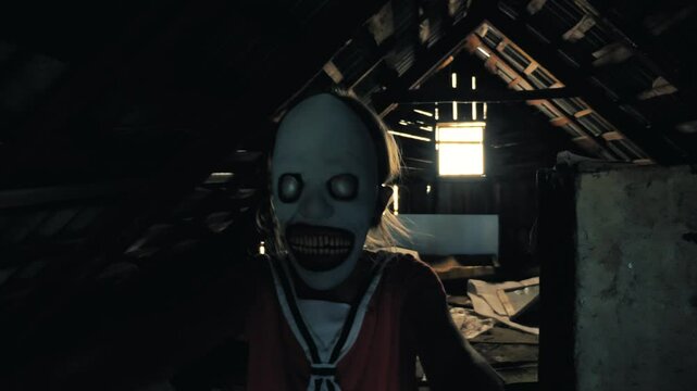 A girl wearing a scary monster mask is walking through a dimly lit attic. She is wearing a red dress. The attic is littered with all sorts of rubbish. The child is a monster