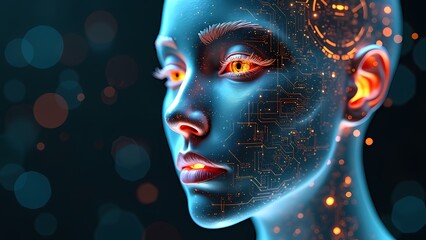 Human Face Merging with Digital Interface, Neon Circuitry, Data Streams