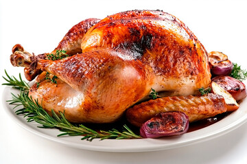 A large, golden brown turkey is garnished with traditional holiday touches like rosemary sprigs, the classic imagery of Thanksgiving and Christmas