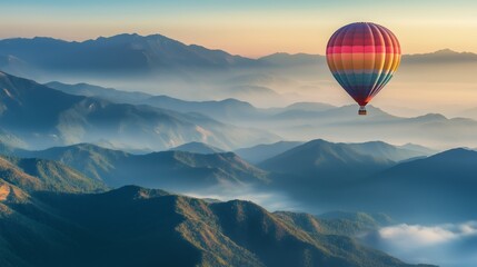 A vibrant hot air balloon floats above misty mountain ranges at sunrise, offering breathtaking views of nature's beauty