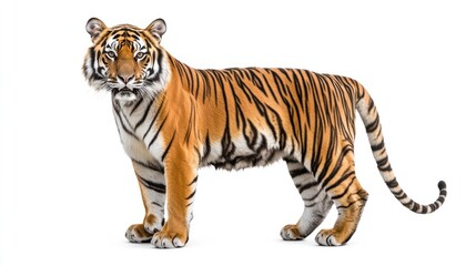 Obraz premium Striped Tiger Standing on White Background