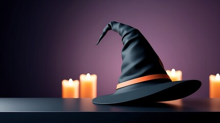 Witch hat candles with lit flames on a dark background, perfect for Halloween or spookythemed designs, witchcraft concepts.