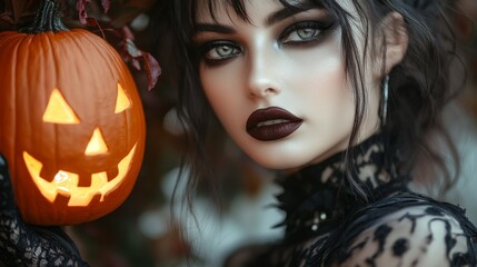 Fototapeta premium Brunette Goth woman, holding a jack-o-lantern pumpkin, fashion and make-up shoot Portrait. Gothic, Goth, Victorian, Dark style fashion. Dark smokey make-up, red lipstick. Dramatic. Elegant.