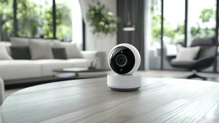 White Security Camera on a Wooden Table in a Modern Living Room