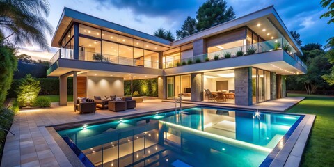 Fototapeta premium Modern Luxury Villa with Swimming Pool at Dusk, Luxury , Villa , Night , Swimming Pool