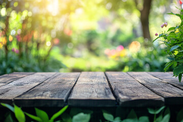 wooden deck overlooking a sunlit garden with vibrant green leaves and flowers, bathed in warm golden light, creating a serene atmosphere