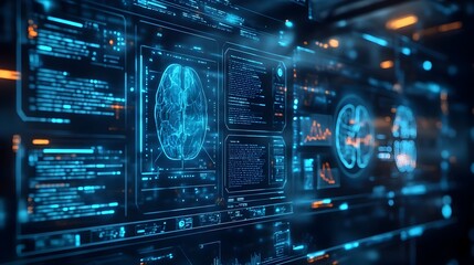 Futuristic Blue Medical Interface with Advanced Data Visualization and Technology Elements