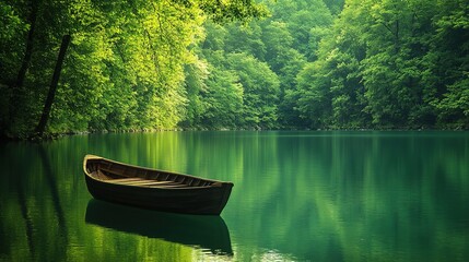 Wooden boat floating peacefully on a calm forest lake surrounded by lush green trees