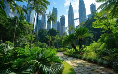 Urban park with towering ferns and giant cycads amid modern skyscrapers offers a unique prehistoric feel in a bustling city