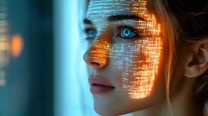 Futuristic Woman with Intelligence Projection Over Her Face