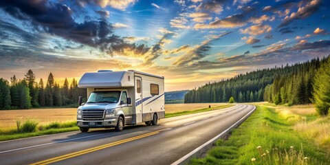Obraz premium Motorhome Driving on Winding Road at Sunset, Camping, Adventure, Travel, RV