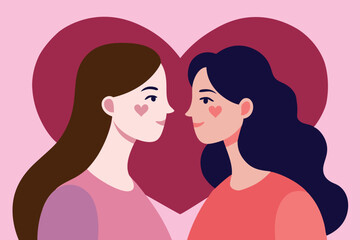 LGBT love couple lesbian girls in romantic relationships. Pride month concept. Flat vector illustration