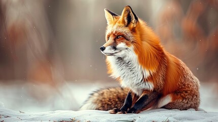 Naklejka premium Red Fox Sitting in Snow, Winter Wildlife
