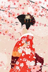 Vintage-inspired beauty: a girl framed by sakura flowers, a charming scene of nostalgia.