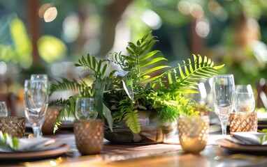 Fototapeta premium Unique wedding centerpiece featuring prehistoric plants like cycads and ferns in an outdoor setting for an earthy atmosphere