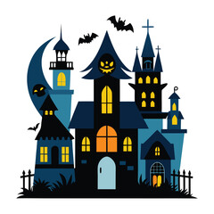 Dark Haunted Castle on a Hill with Bats and Bare Trees Vector Illustration