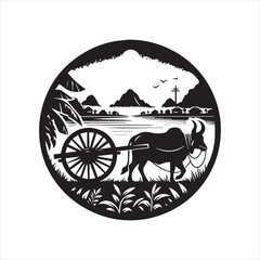 bullock cart wheel silhouette vector With White Background 