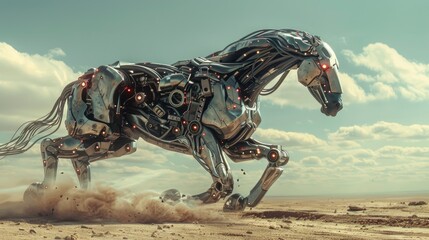 Fototapeta premium Robotic Horse Galloping Through a Desert Landscape