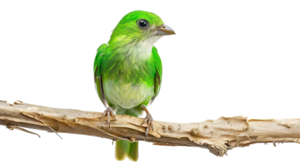 Green Broadbill Perched on Branch Isolated on Transparent Background PNG