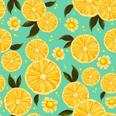 Seamless pattern with lemons on Pacific blue background. Perfect for fabrics, kitchen designs. 