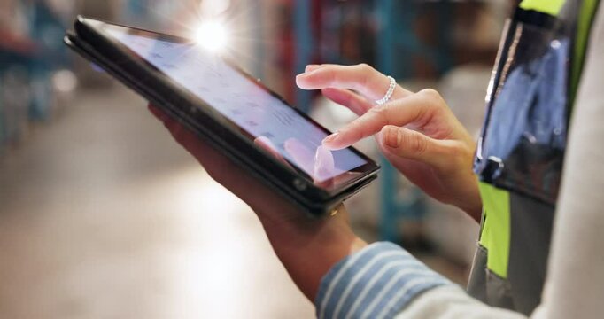 Screen, person or hands on tablet in warehouse distribution for ecommerce shipping or schedule. Inspection results, delivery app and logistics worker on touchscreen to organize inventory or ecommerce