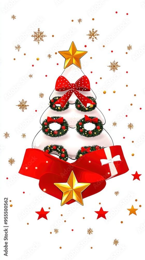 Sticker Christmas Tree with Red Ribbon and Stars