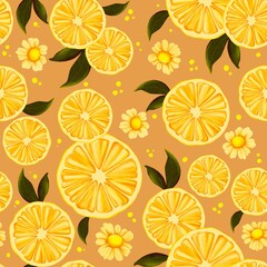 Seamless pattern with lemons on orange background. Perfect for fabrics, kitchen designs. 