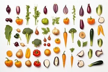 A collection of various vegetables placed on a white background 