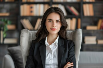 A confident businesswoman sits in a chair in front of a bookshelf.