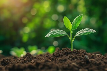 Fototapeta premium A young green plant sprouting from rich, dark soil with a blurred background of more plants. Symbolizes growth, potential.
