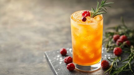 A refreshing sea buckthorn cocktail in a tall glass with ice, garnished with a sprig of rosemary and fresh berries