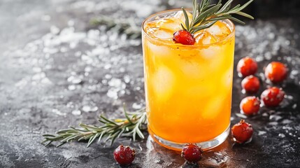 A refreshing sea buckthorn cocktail in a tall glass with ice, garnished with a sprig of rosemary and fresh berries