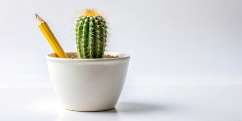 Pencil Leaning on a Cactus in a White Pot, white background, pot, pencil, cactus, simple