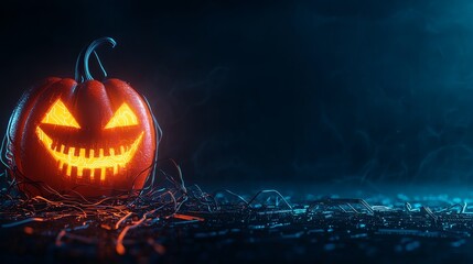Naklejka premium A glowing jack-o'-lantern with a cyberpunk twist, featuring neon wires and circuits
