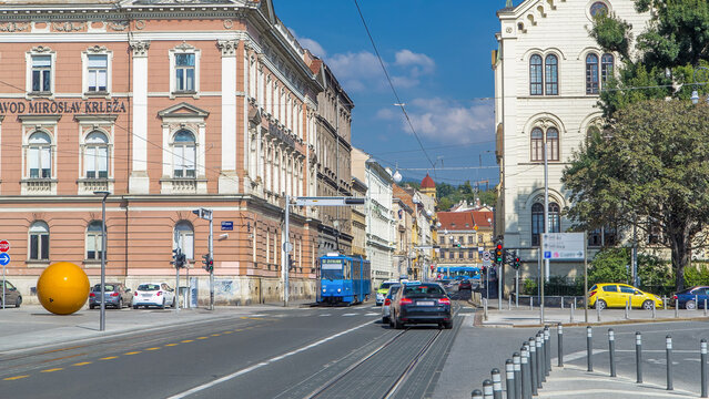 Street near new building of Croatian Music Academy timelapse in Zagreb, Croatia.
