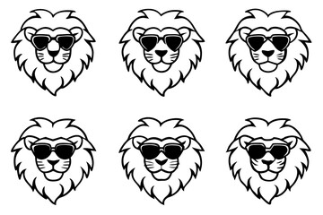 6 Lion Heads with Sunglasses – Vector Art Illustration