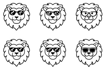 6 Lion Heads with Sunglasses – Vector Art Illustration