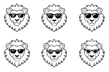 6 Lion Heads with Sunglasses – Vector Art Illustration